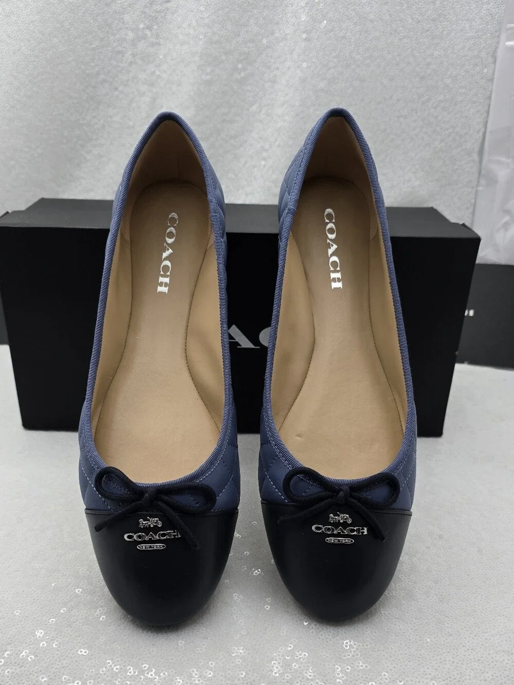 Coach Allyson Quilted Two-Tone Blue Leather Ballet Flats Slip-On Women's 10